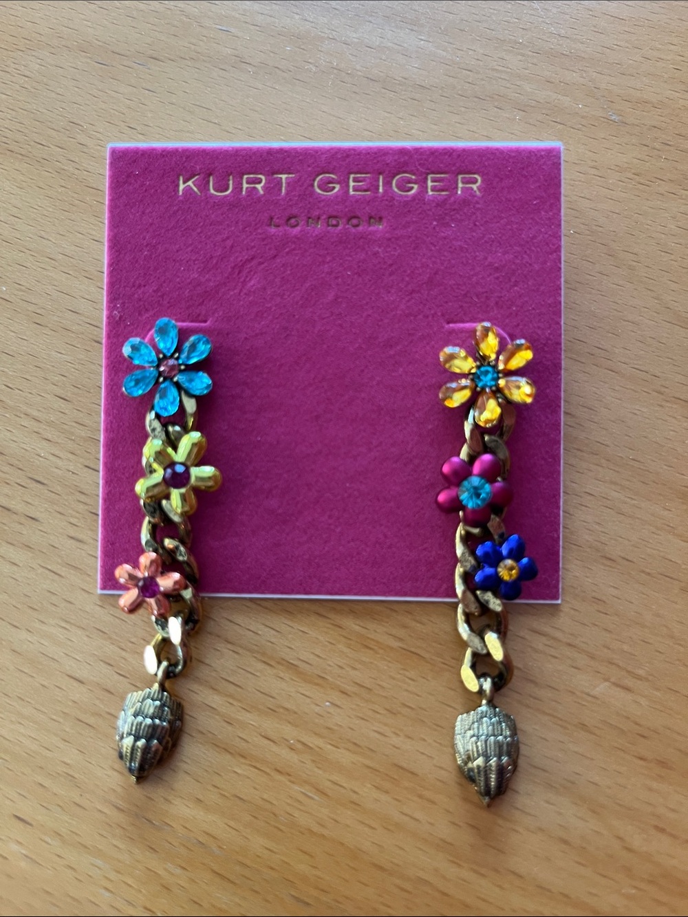 Kurt Geiger Gold Chain Floral Drop Earrings in Blue, Yellow, Pink, Green, Orange